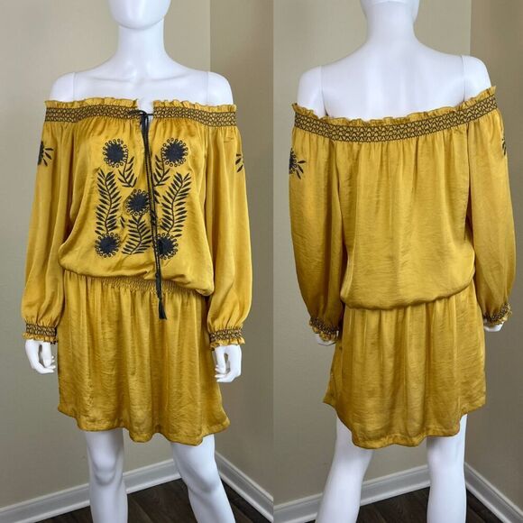 Uncle Frank Women's Size M Yellow Embroidered Satin Pullover Mini Dress Boho - Picture 1 of 14